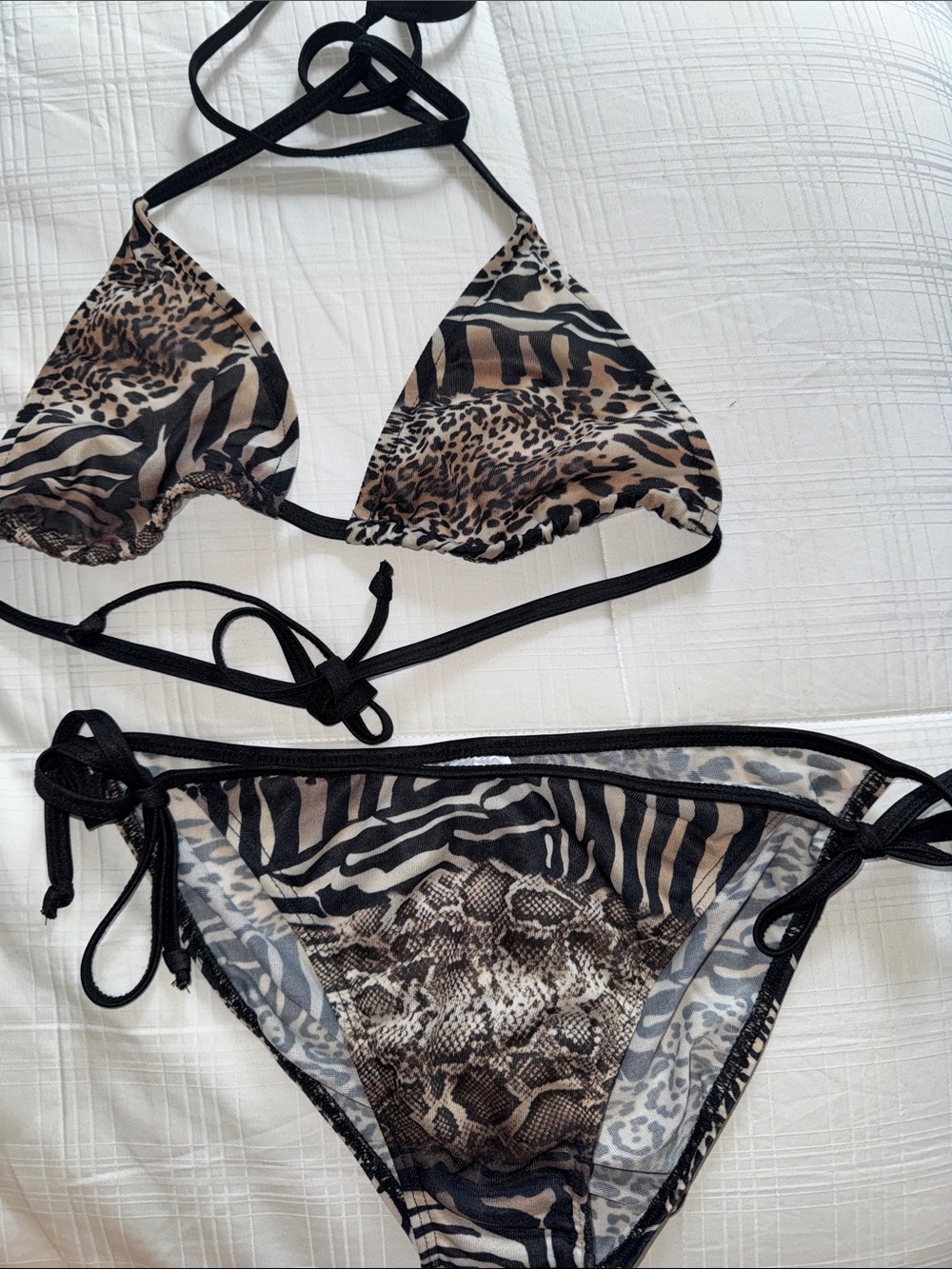 Animal Print Triangle String Bikini - Black & Brown